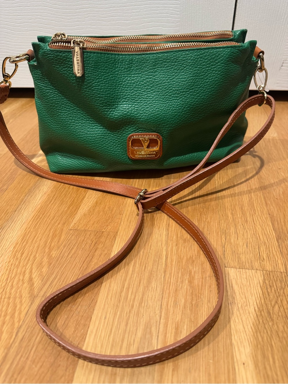 Valentina Green Pebbled Leather Crossbody with Brown Strap & Gold Hardware NWOT